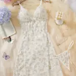 ふんわり花柄シースルーベビードール＆Tバックセット – ホワイトラベンダー