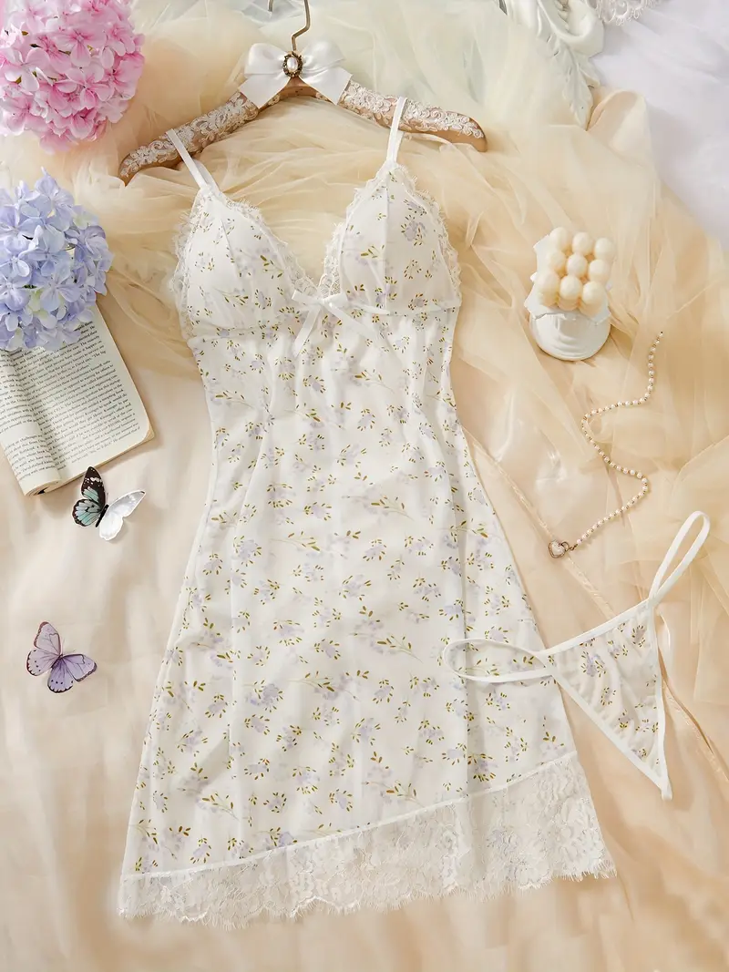 ふんわり花柄シースルーベビードール＆Tバックセット – ホワイトラベンダー