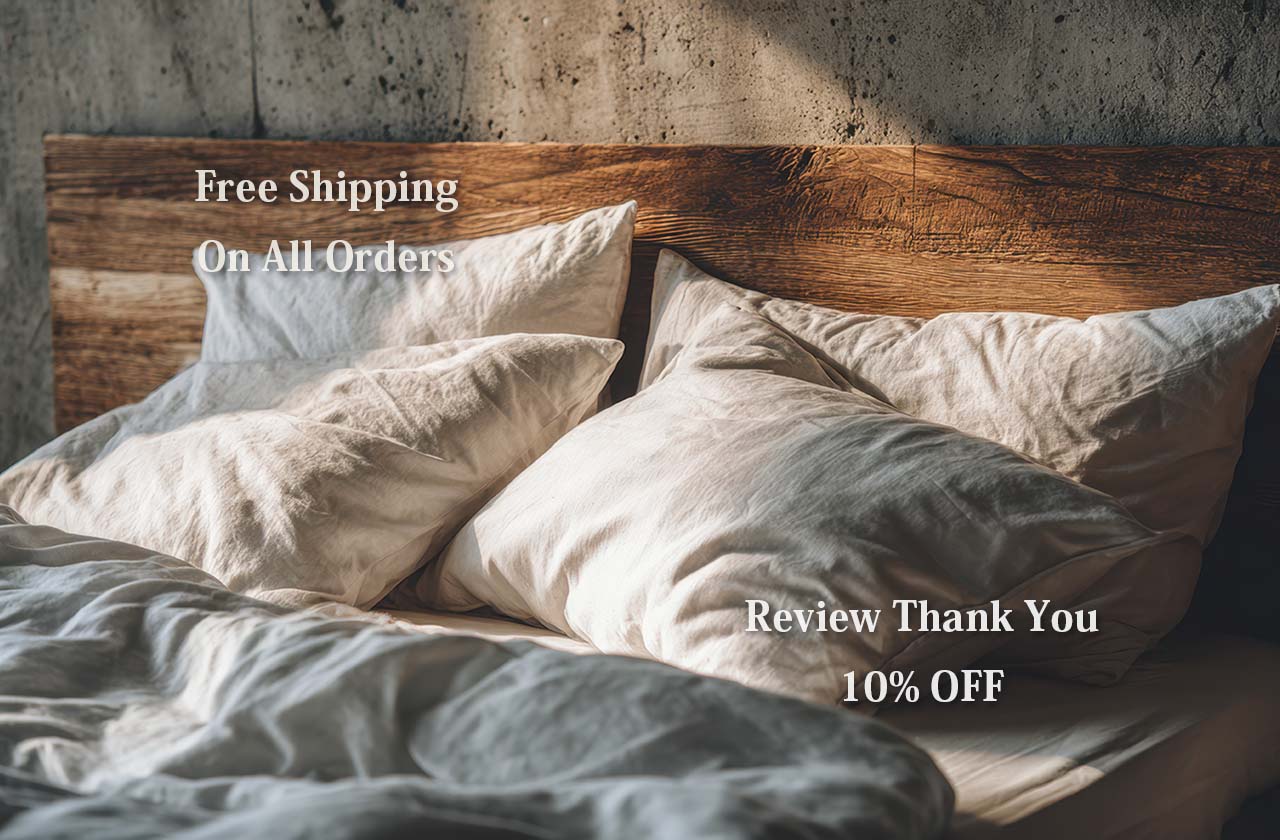 Free Shipping On All OrdersとReview Thank You 10% OFFの文字が入ったLingeMiMiのベッドルームイメージ