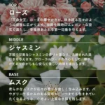 ピオニーの香りを構成するローズ、ジャスミン、ムスクの特徴を説明した画像。ローズや白い花を背景に、華やかなフローラルの香りが表現されている。